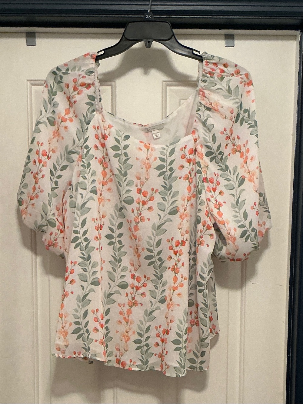 Cato White Blouse with Coral & Sage Floral Print